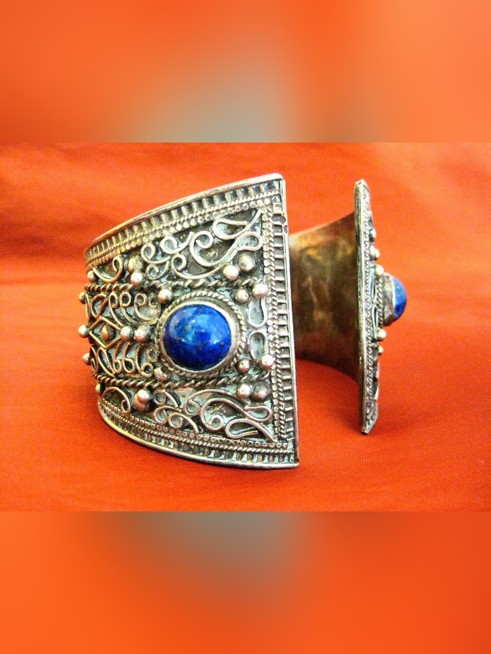 Exotic 925 Sterling Silver Filigree Lapis Lazuli Wide Cuff Bracelet